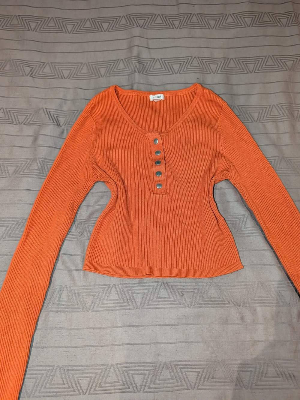 Garage Ribbed Henley Long Sleeve Top - Orange